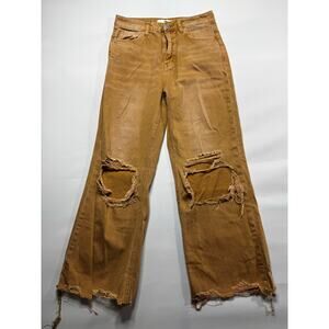Distressed Tan Wide Leg Jeans